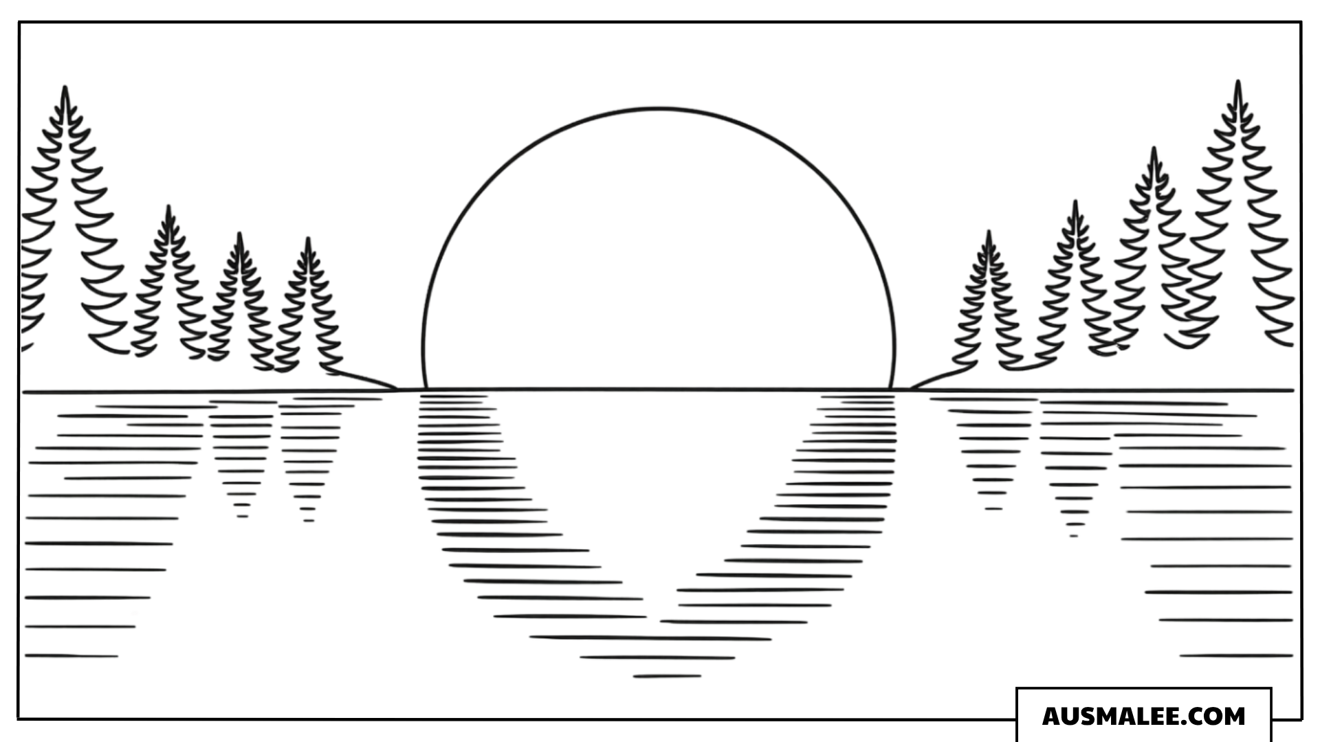 Ausmalbild Sonne über See und Tannenwald