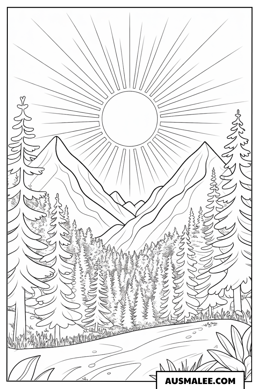 Ausmalbild Sonnenaufgang über Hügeln und Wald