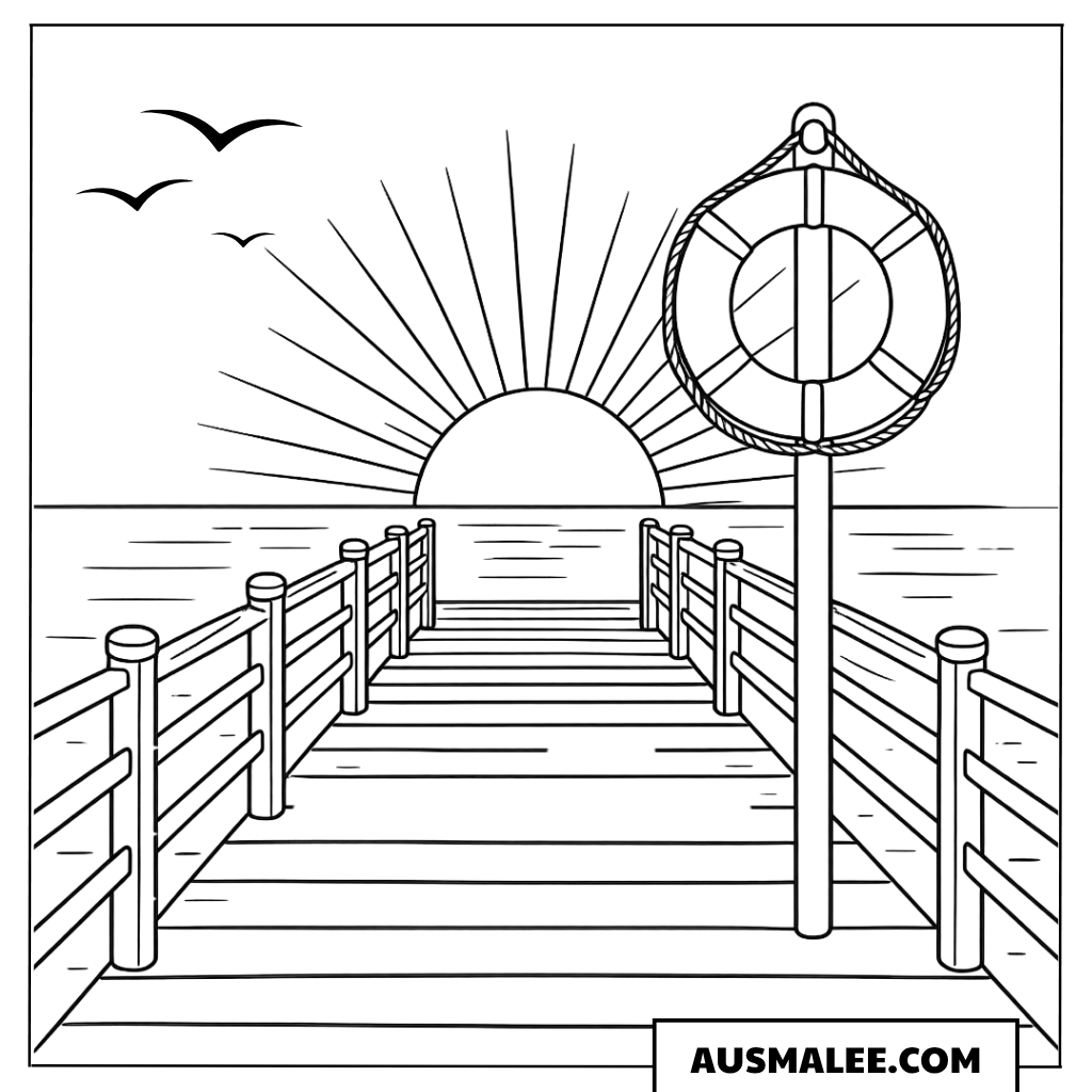 Ausmalbild Sonnenuntergang am Steg mit Rettungsring