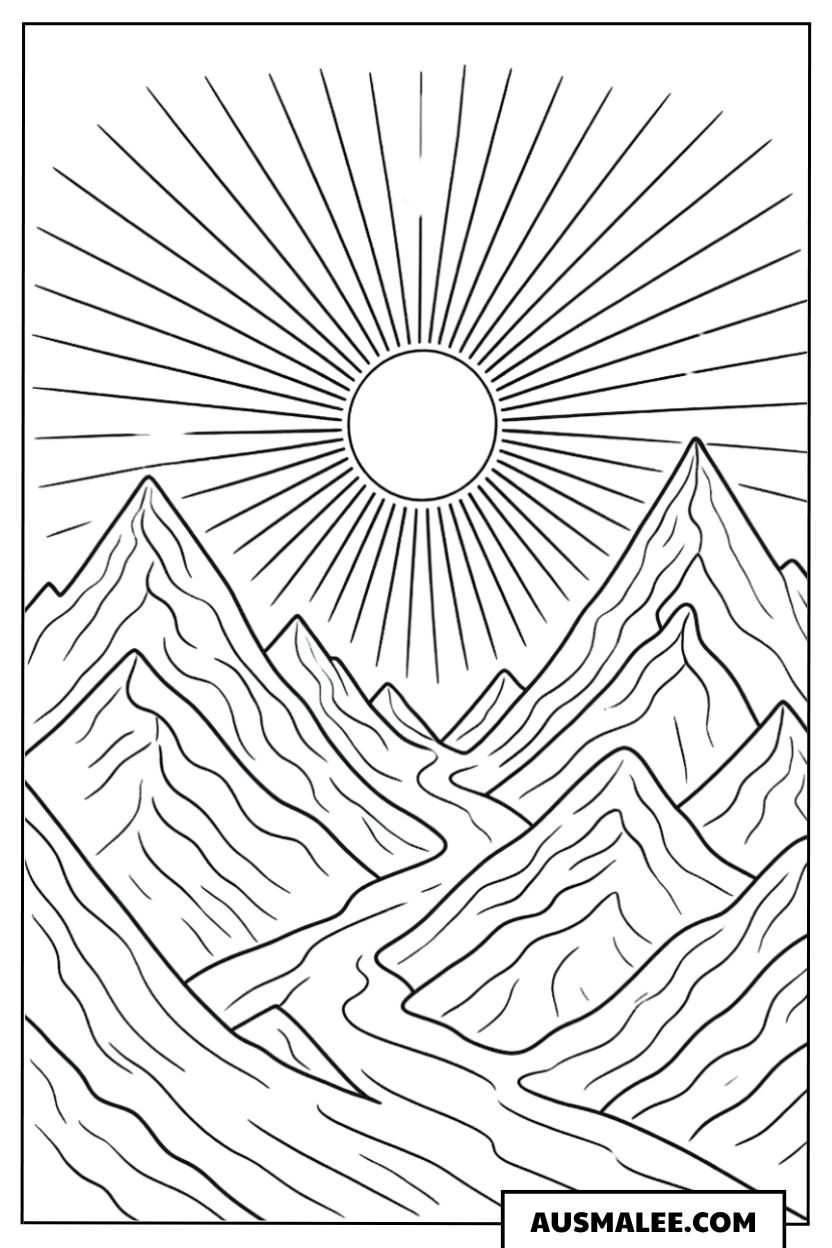 Ausmalbild Strahlende Sonne über Bergkette