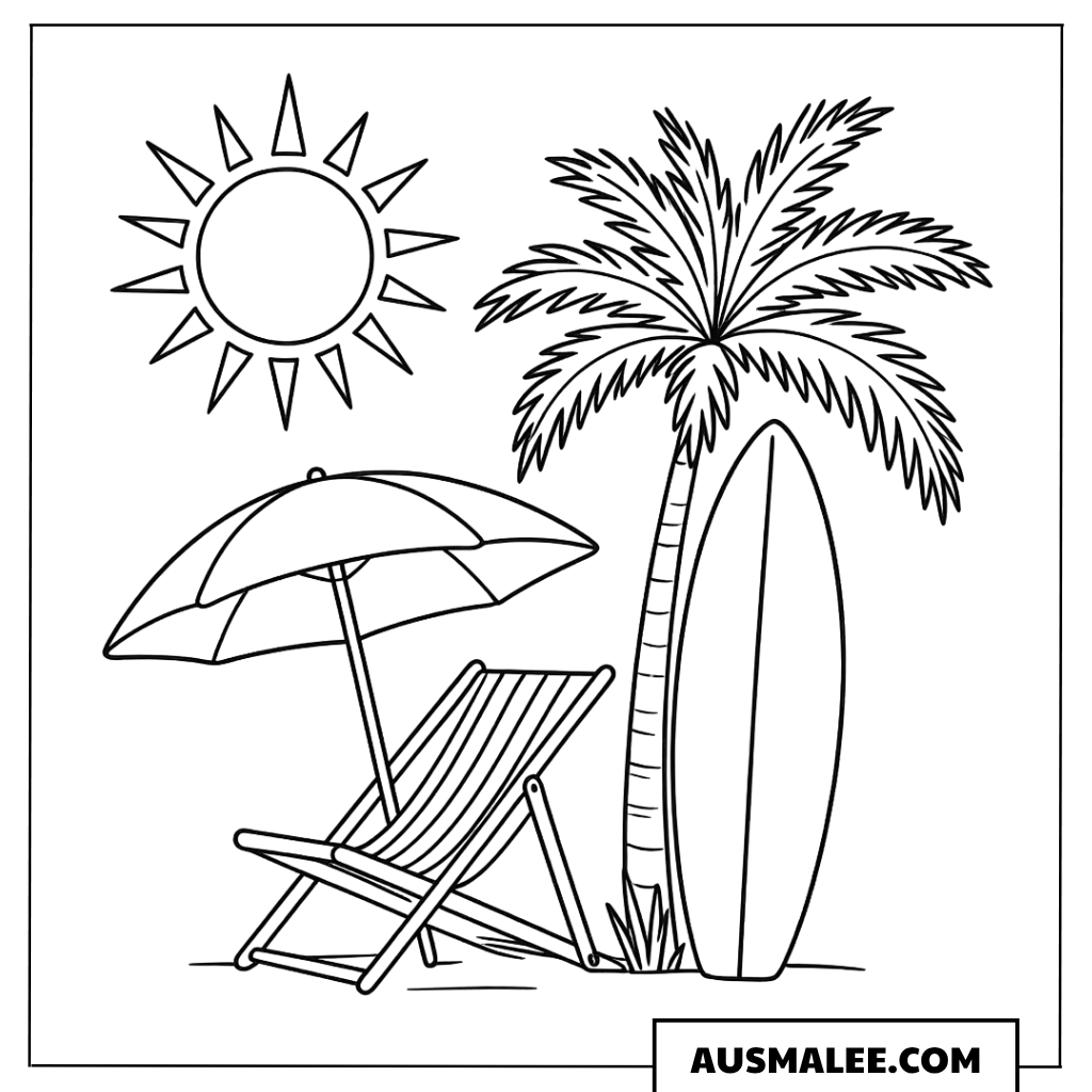 Ausmalbild Strand mit Sonnenschirm, Palme und Surfbrett