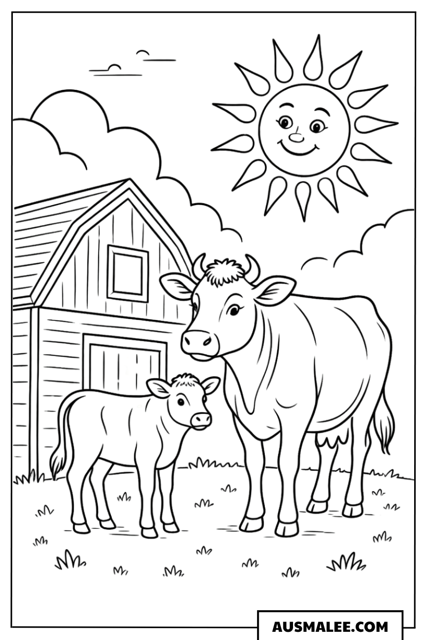 Ausmalbild Süße Bauernhoftiere unter der Sommersonne mit Kuh