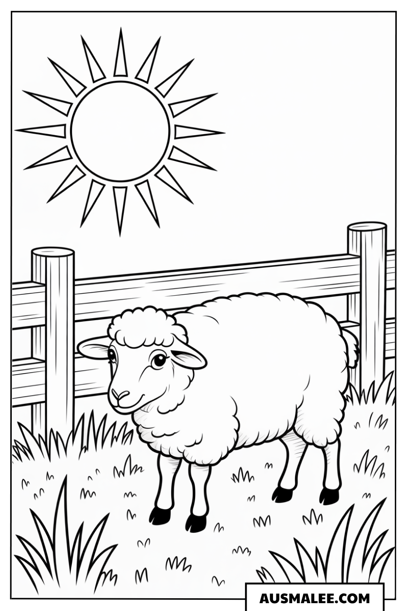 Ausmalbild Süße Bauernhoftiere unter der Sommersonne mit Schaf