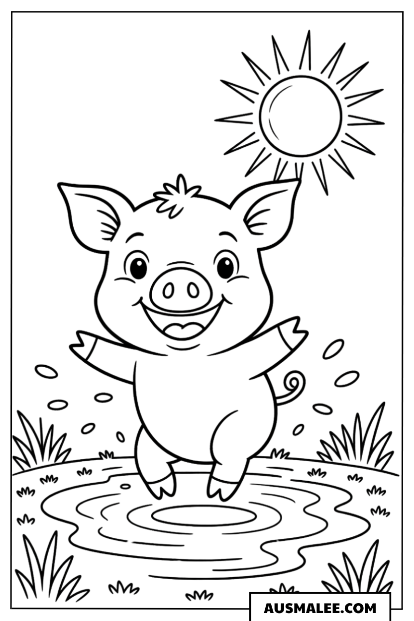 Ausmalbild Süße Bauernhoftiere unter der Sommersonne mit Schwein