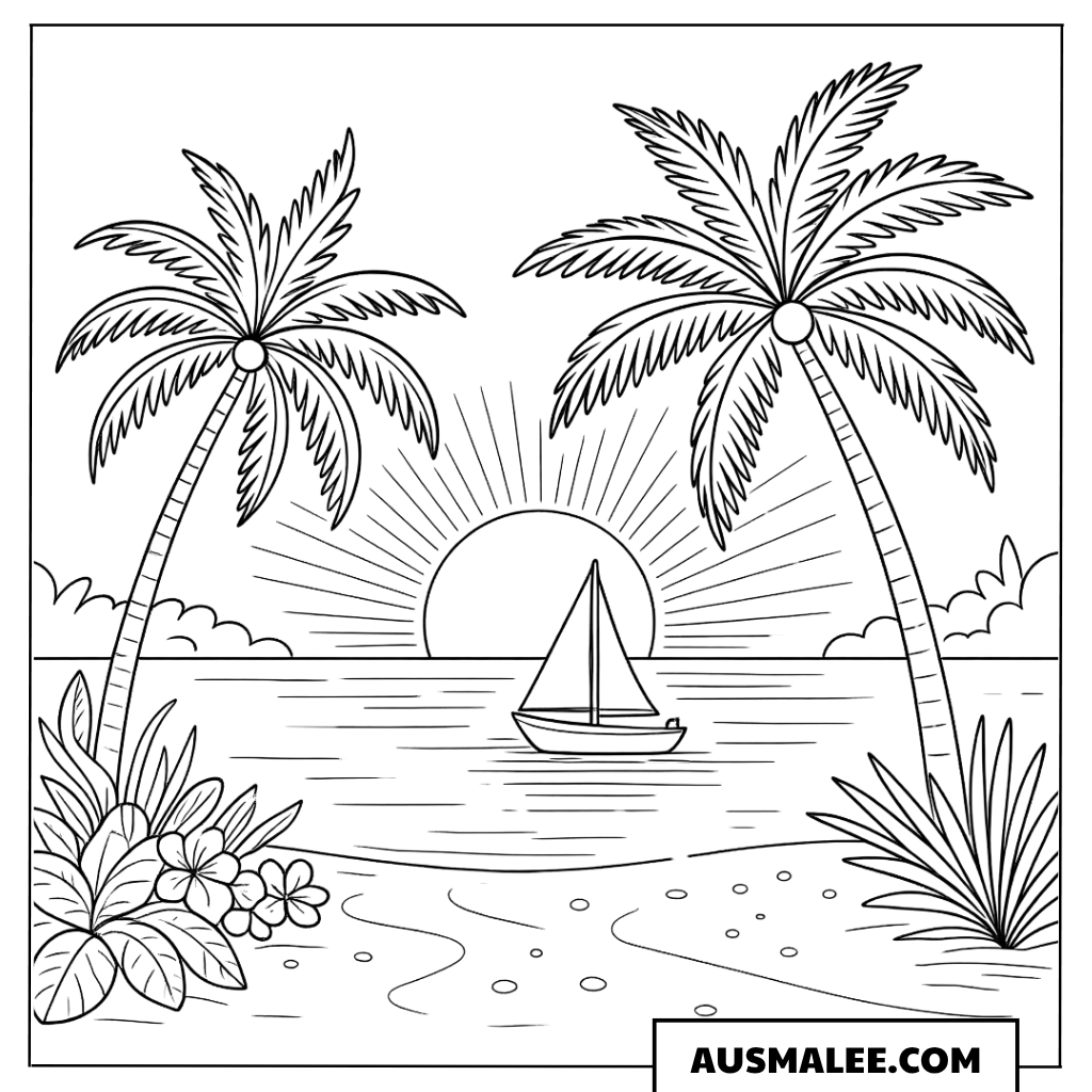 Ausmalbild Tropischer Strand mit Palmen und Segelboot