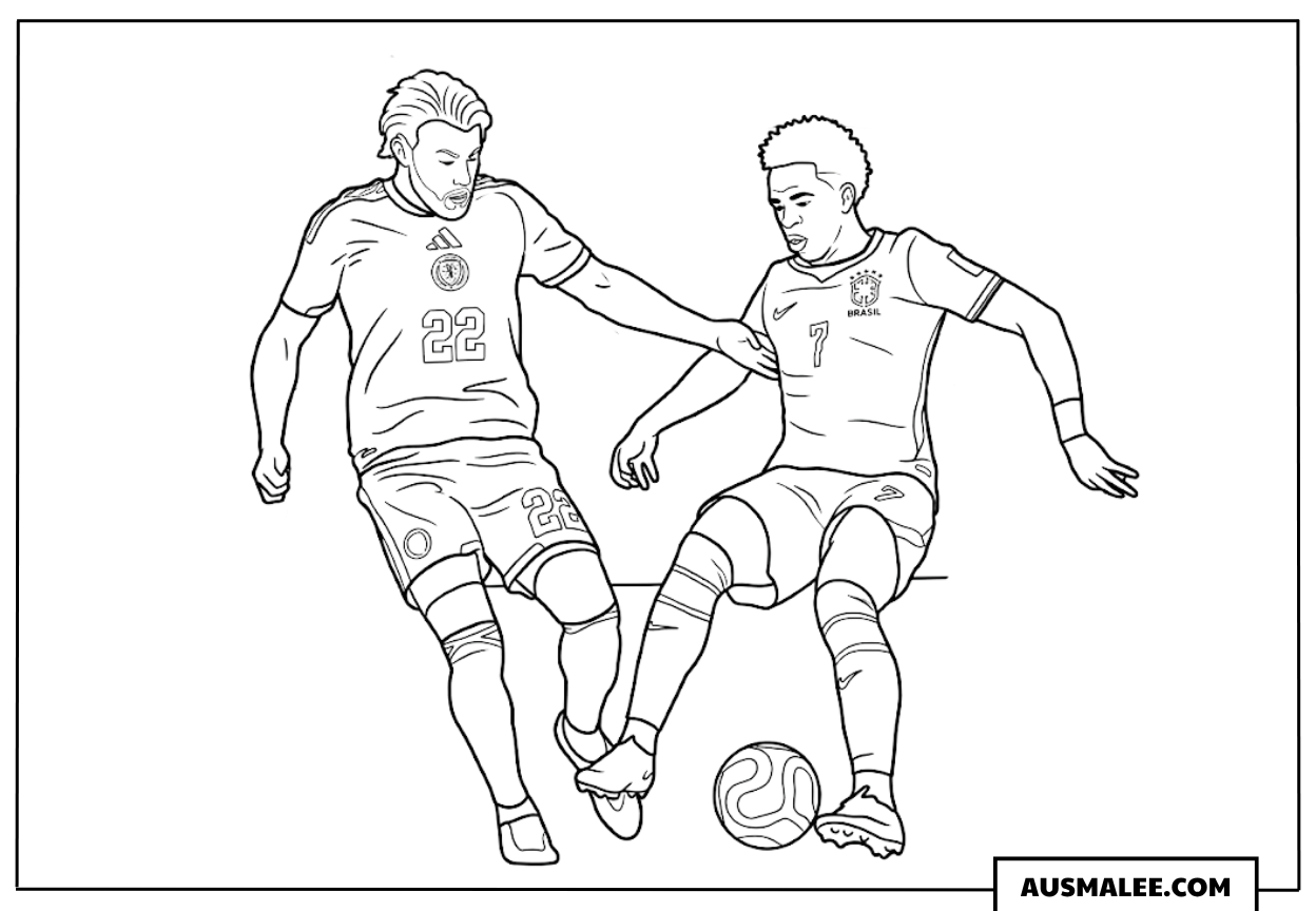 Ausmalbild Vinicius Junior vs Nathan Patterson Zweikampf WM 2026