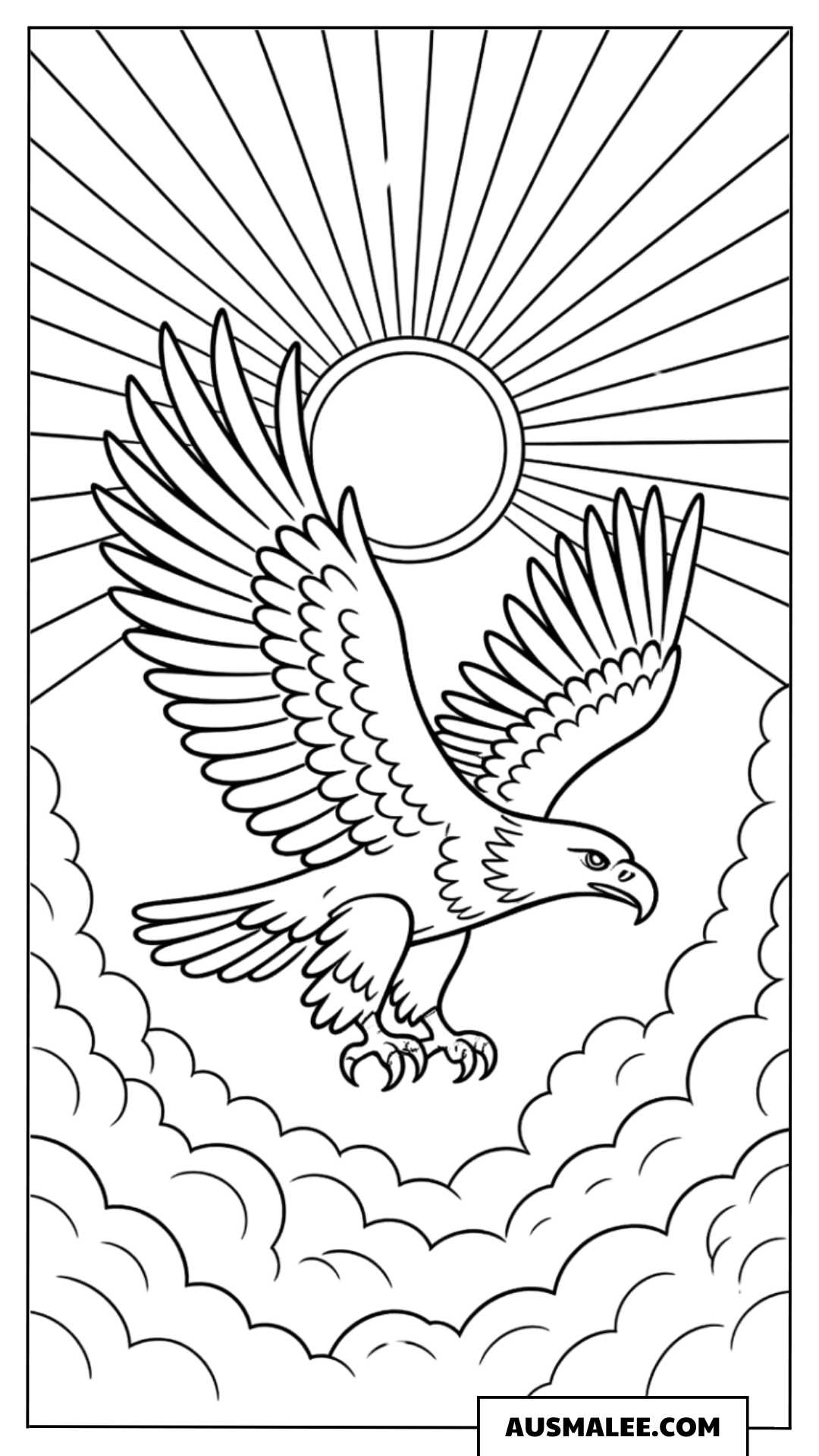 Ausmalbild Vögel und Schmetterlinge im Sonnenschein mit Adler