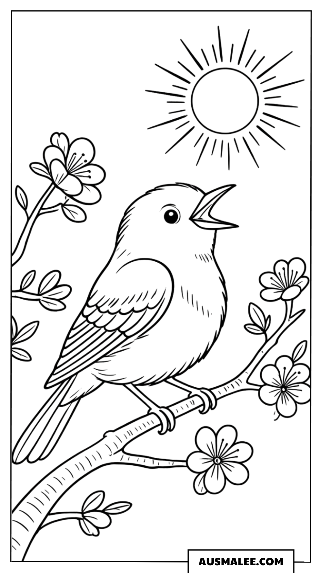 Ausmalbild Vögel und Schmetterlinge im Sonnenschein mit Vogel