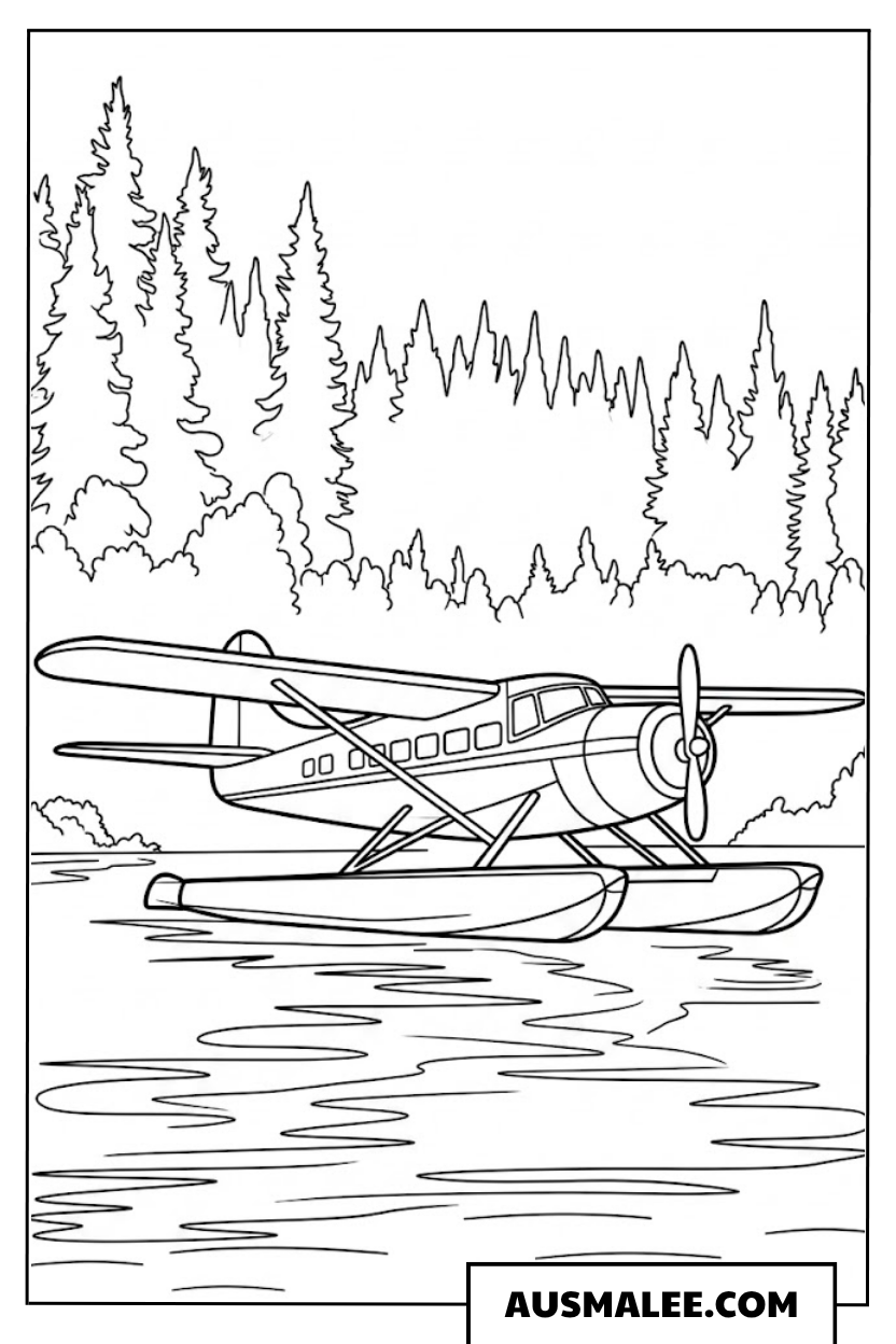 Ausmalbild Wasserflugzeug auf dem Fluss