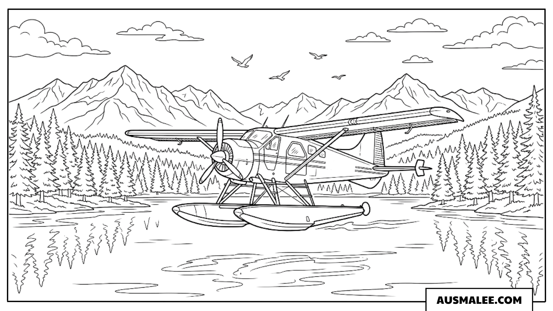 Ausmalbild Wasserflugzeug auf einem See