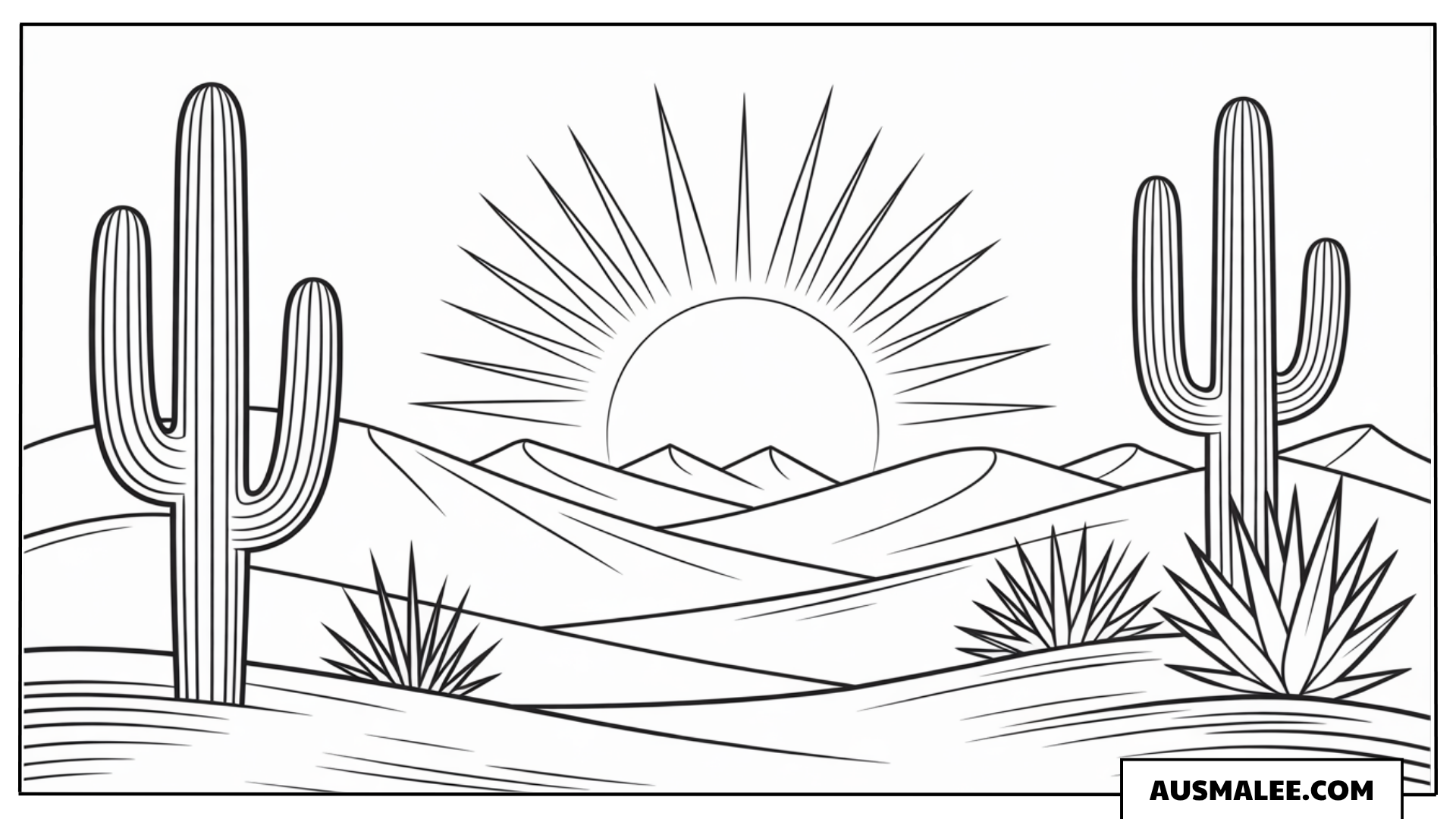 Ausmalbild Wüstensonne mit Kakteen