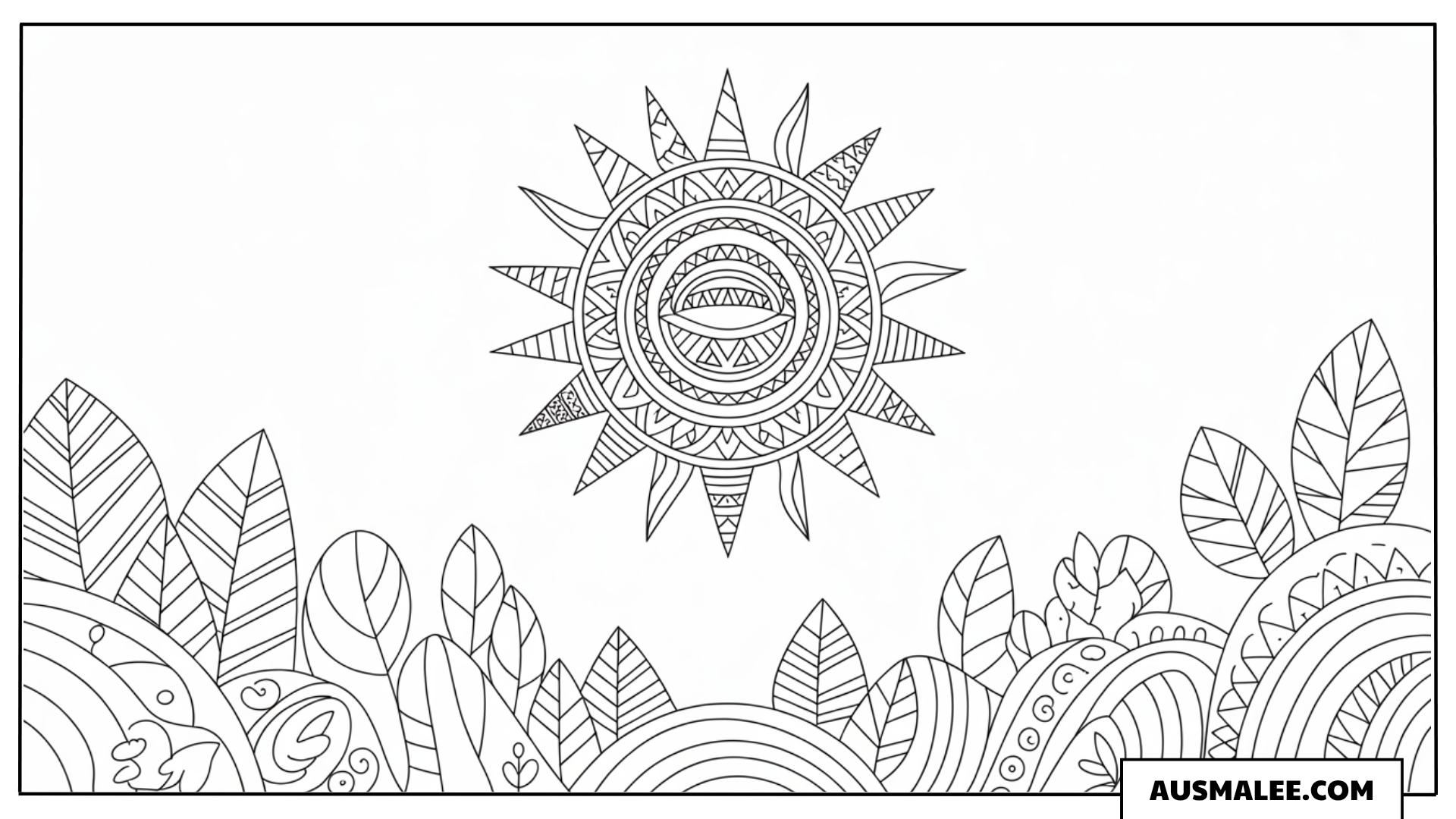 Ausmalbild Zentangle Sonne mit Blättern und Mustern