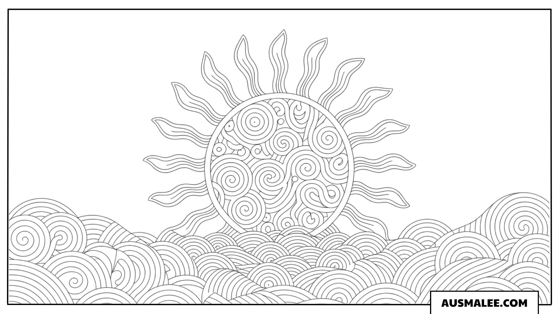Ausmalbild Zentangle Sonne über Wellen