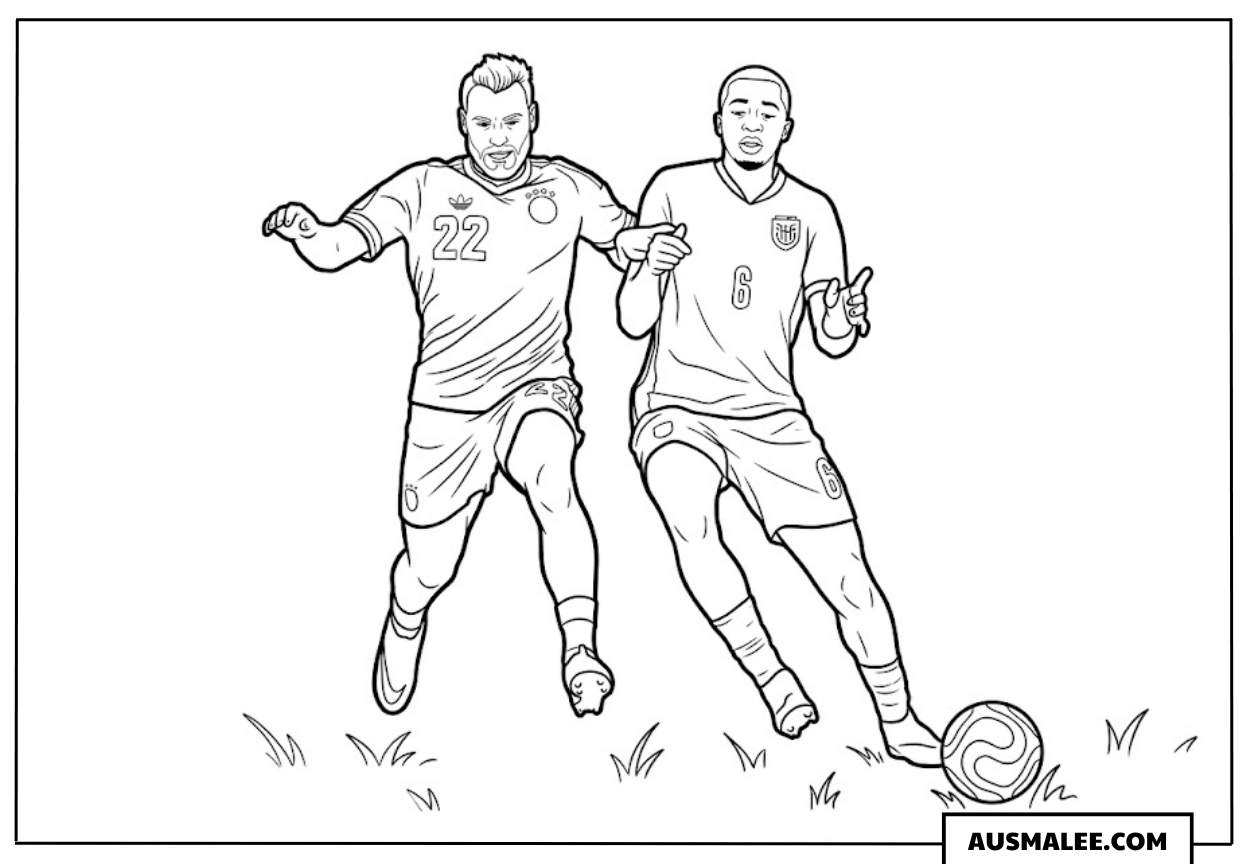 Ausmalbild Zweikampf zwischen David Raum und Willian Pacho