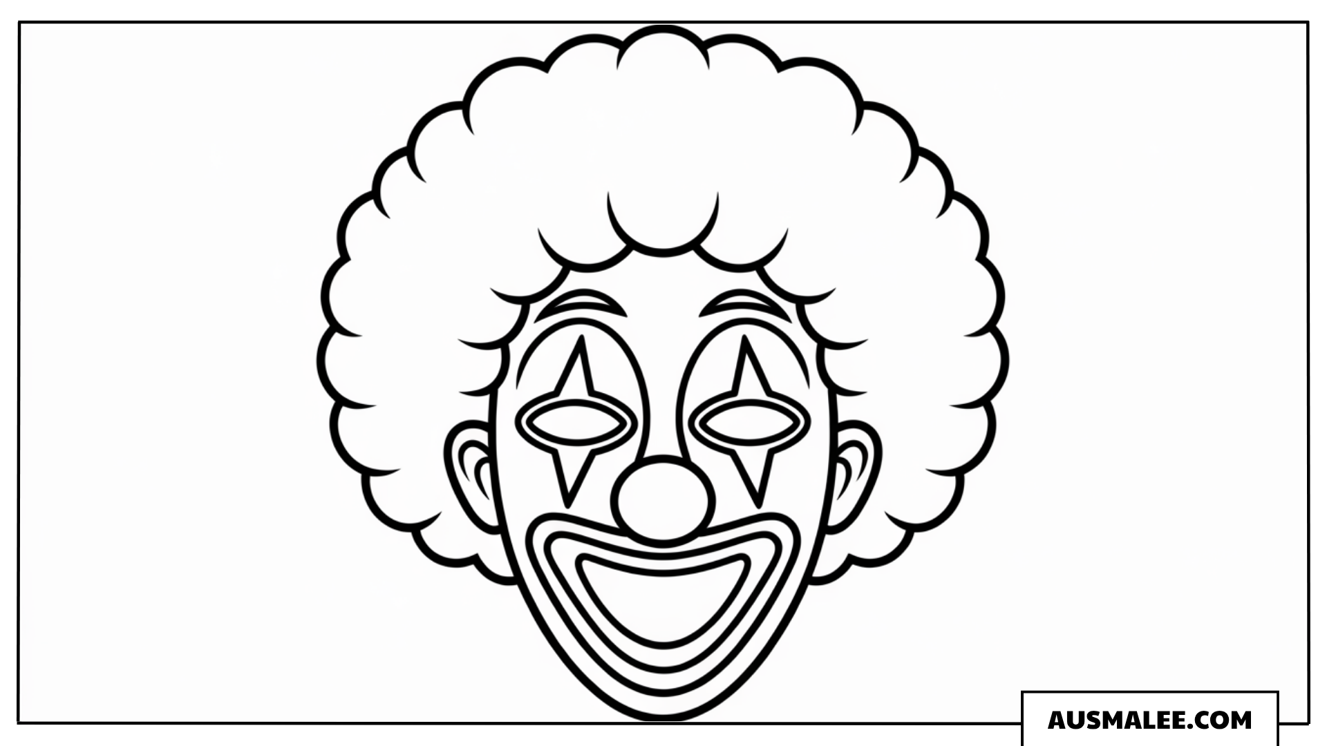 Ausmalbild einer Clown-Maske mit lockigem Haar für Kinderbasteln.