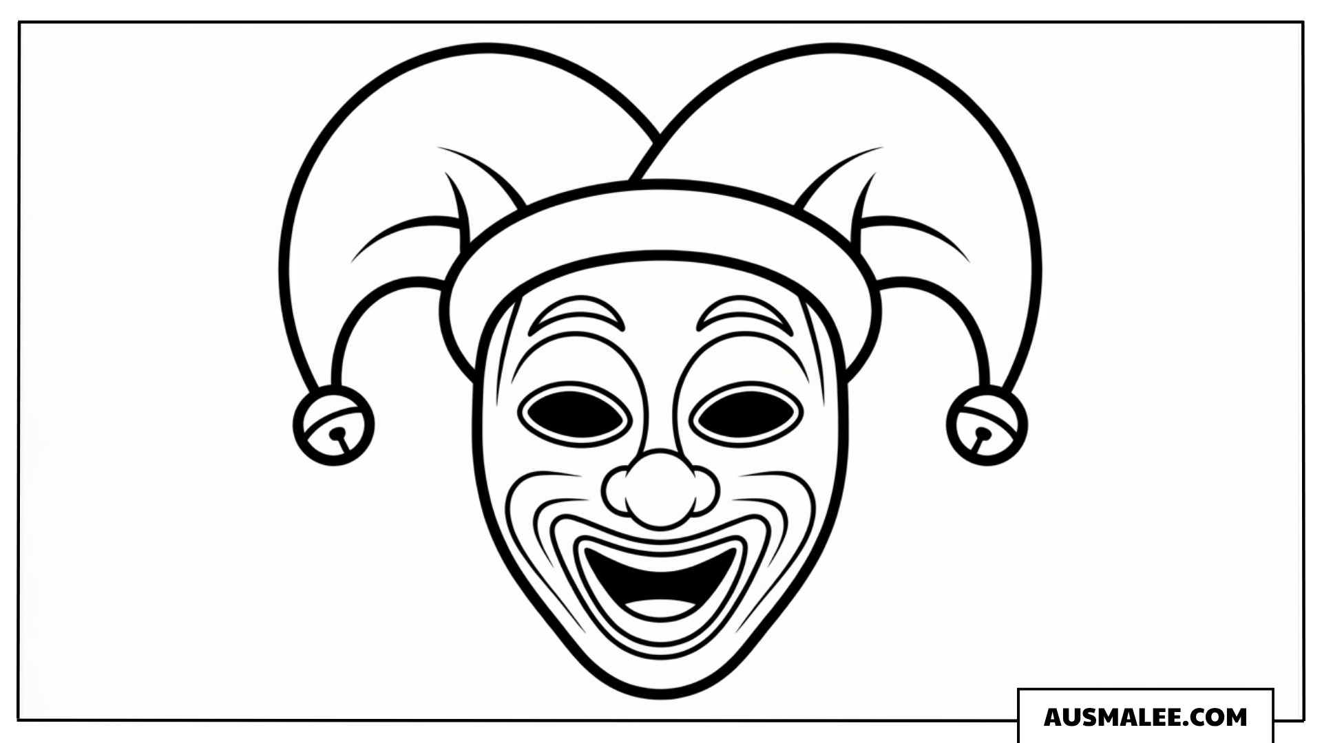 Ausmalbild einer Jester-Maske mit dreizackigem Hut.