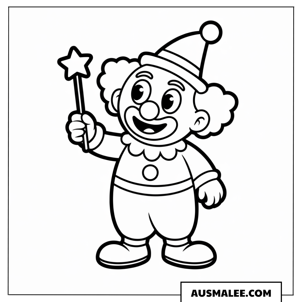 Ausmalbild eines Clown-Mädchens mit zerzaustem Pferdeschwanz.