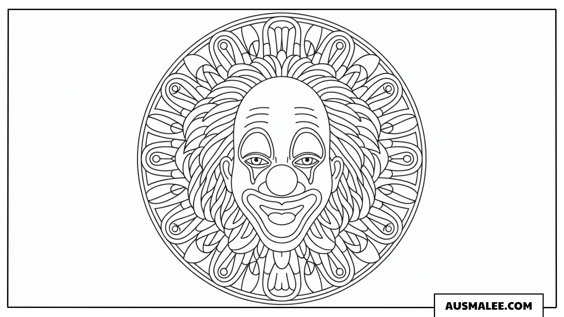 Ausmalbild eines Clown-Porträts mit breitem Lächeln.
