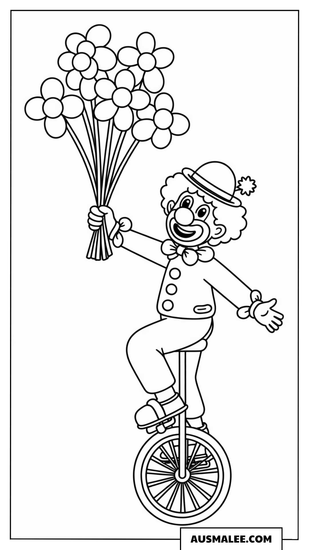 Ausmalbild eines Clowns auf dem Einrad mit Luftballons.