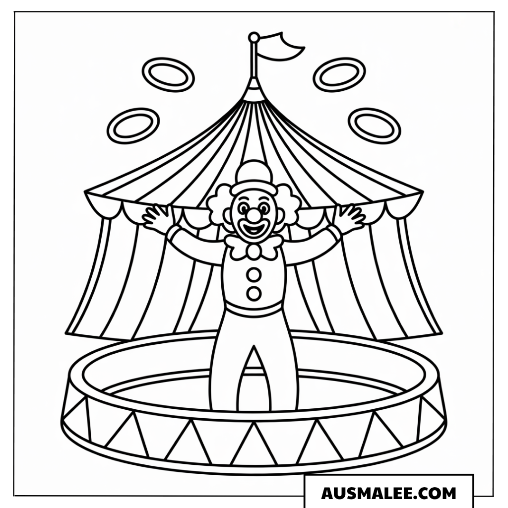 Ausmalbild eines Clowns beim Ringjonglieren im Zirkus.