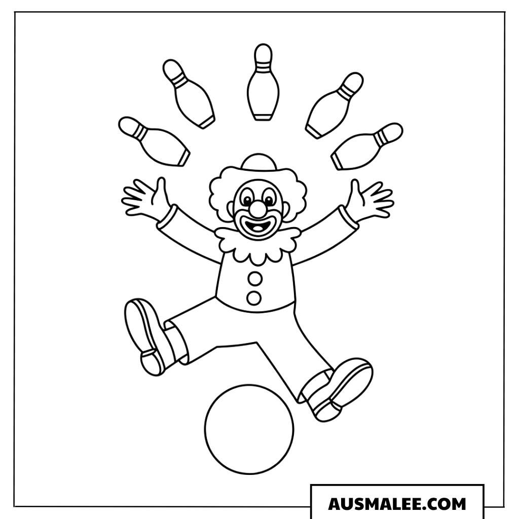 Ausmalbild eines Clowns, der Bowlingkegel jongliert.