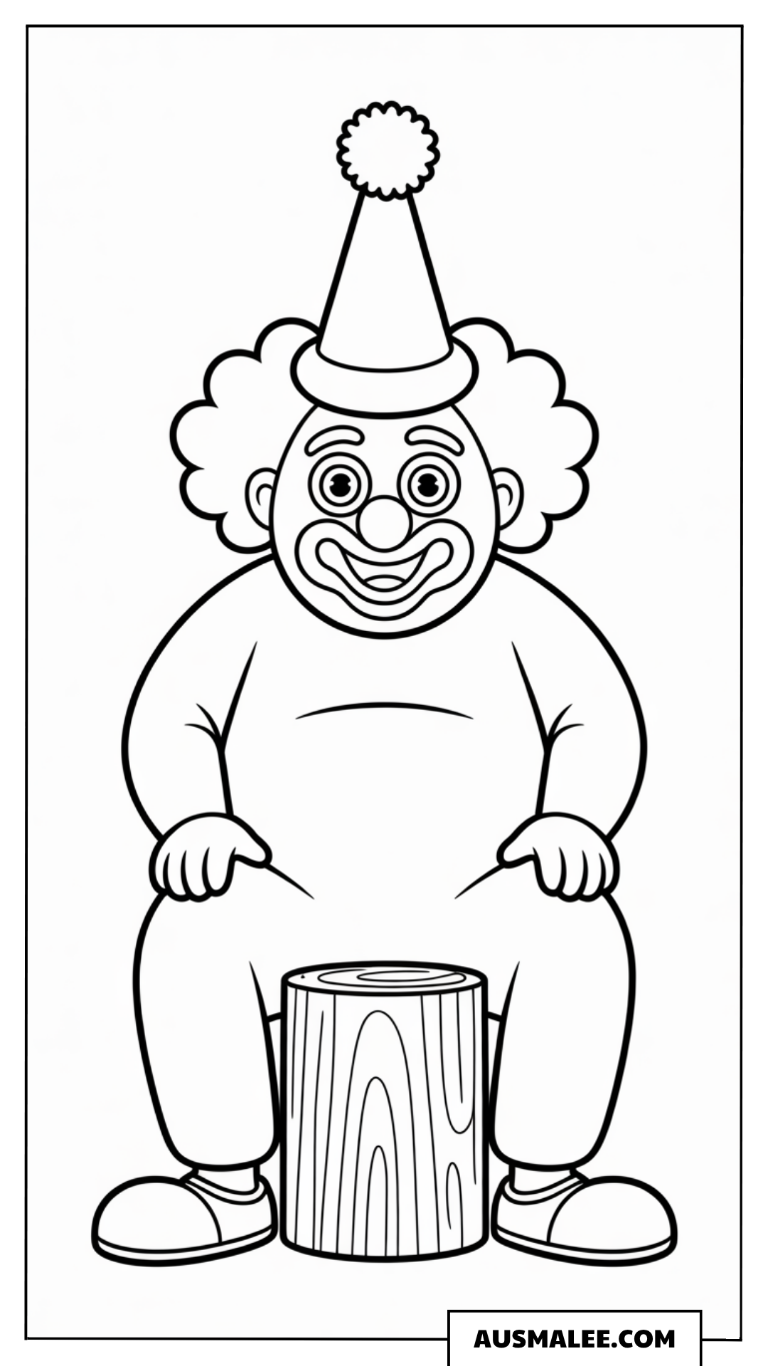 Ausmalbild eines Clowns, der auf einem Baumstamm sitzt.