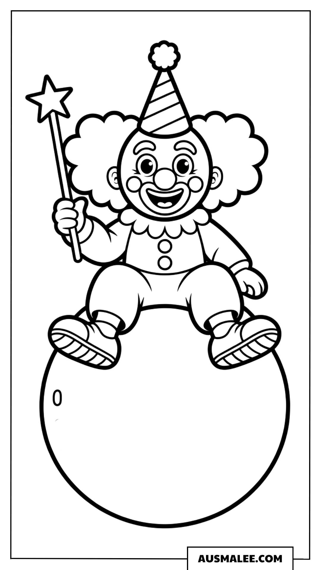 Ausmalbild eines Clowns, der auf einem großen Ball balanciert.