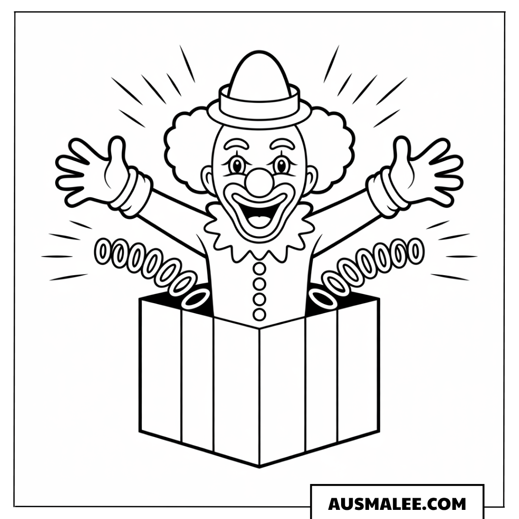 Ausmalbild eines Clowns, der aus einer Karneval-Geschenkbox springt.