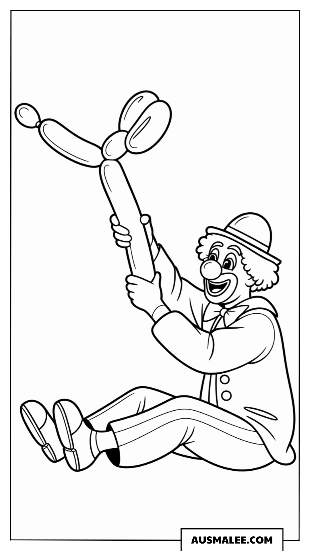Ausmalbild eines Clowns, der einen Luftballonhund formt.