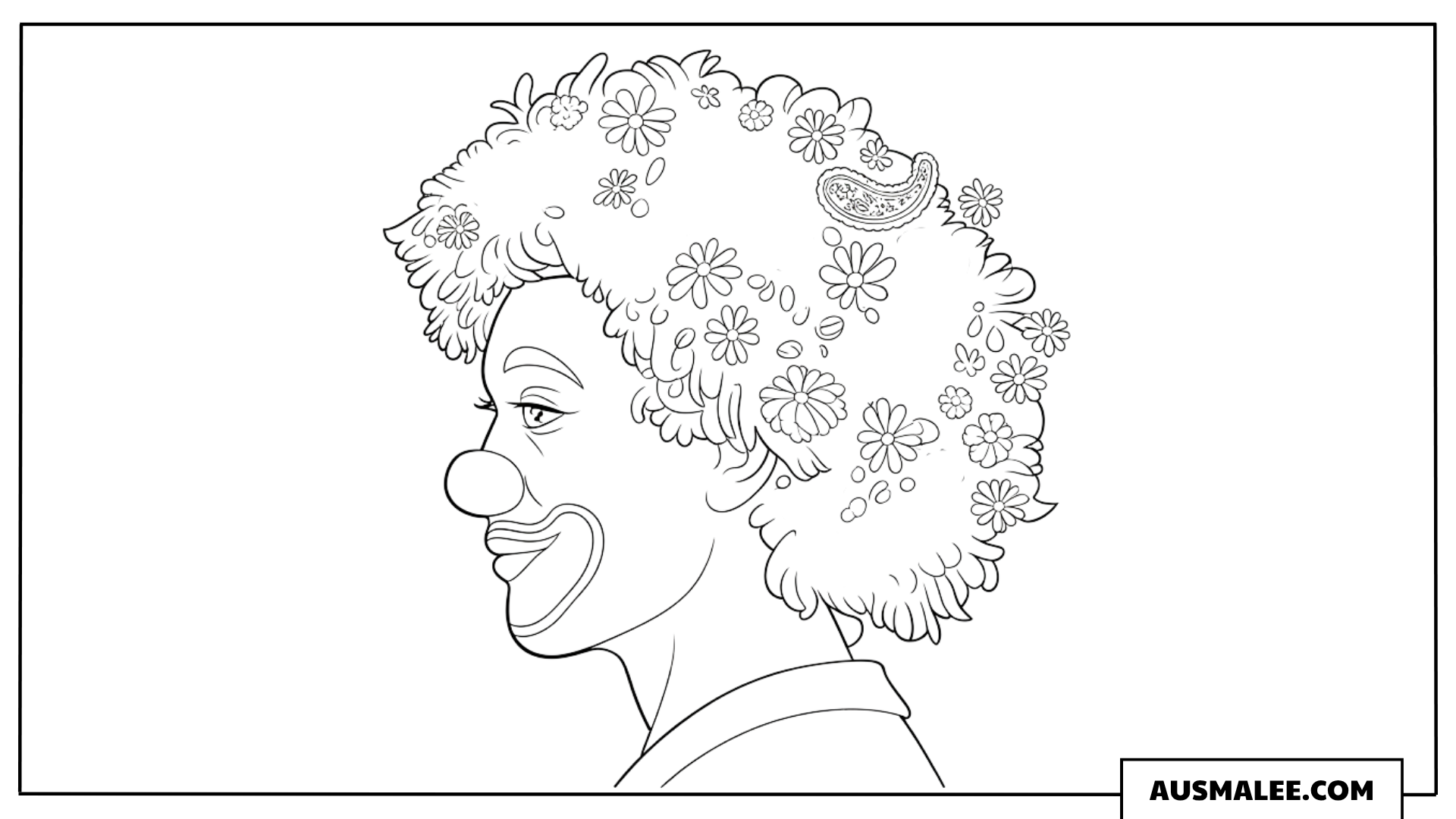 Ausmalbild eines Clowns, der mit dem Kopf jongliert.