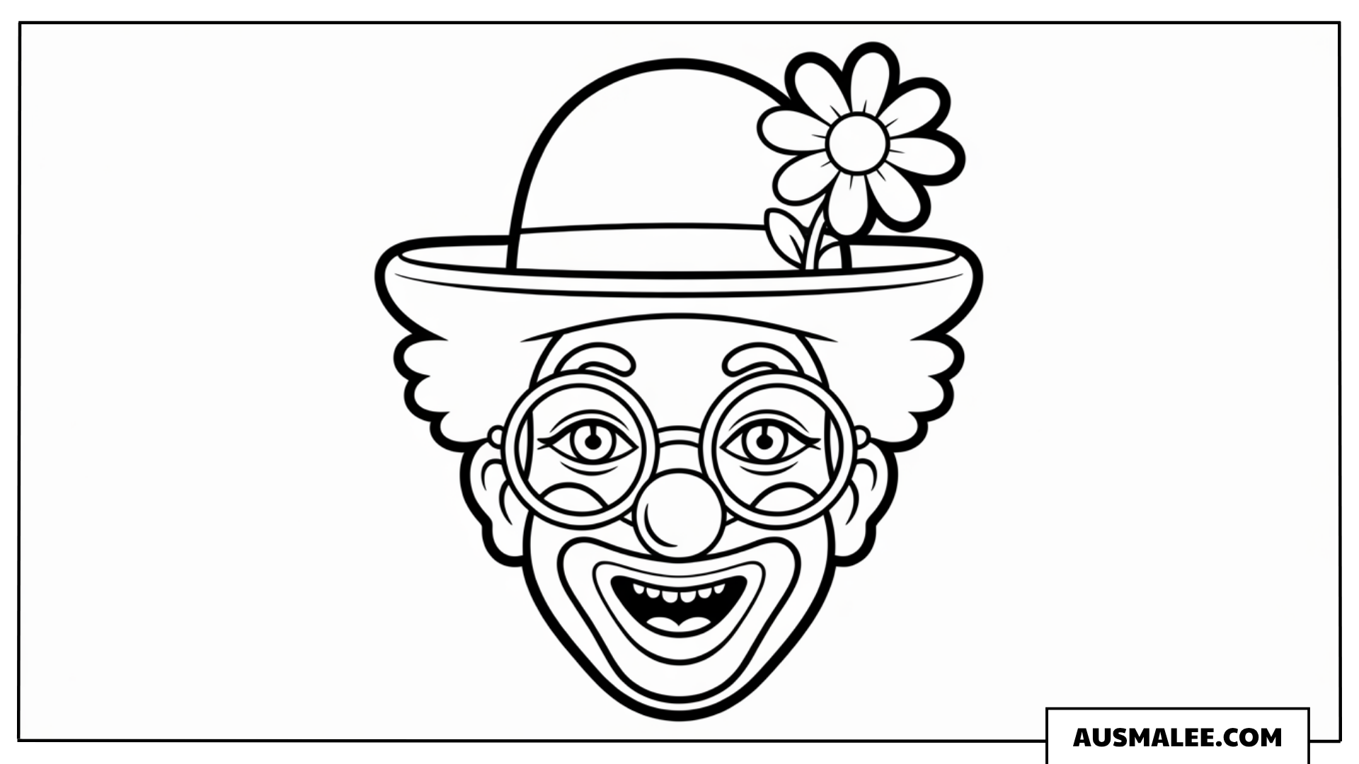 Ausmalbild eines Clowns mit Brille und Blume am Hut.