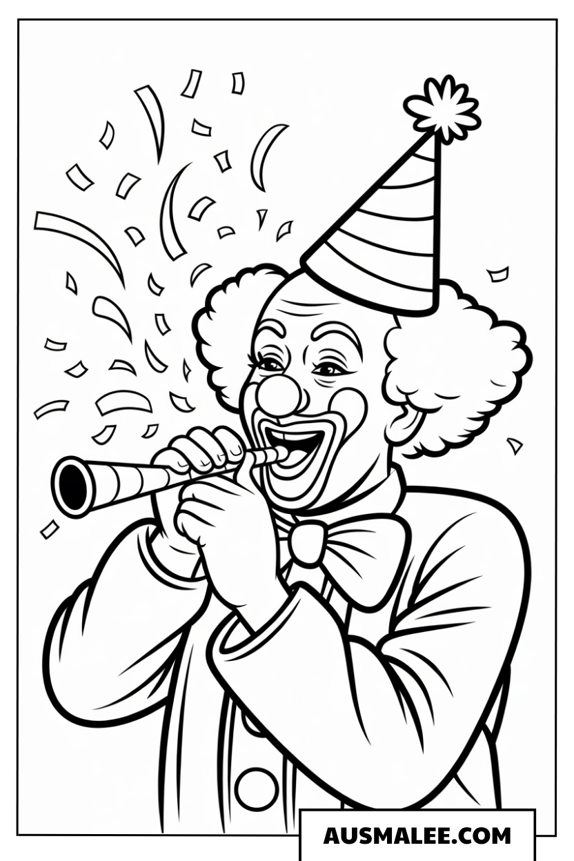 Ausmalbild eines Clowns mit Festtröte.