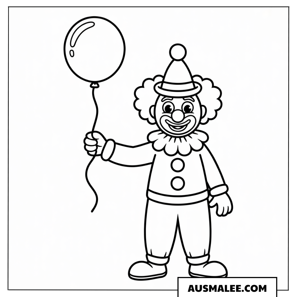 Ausmalbild eines Clowns mit Luftballon.