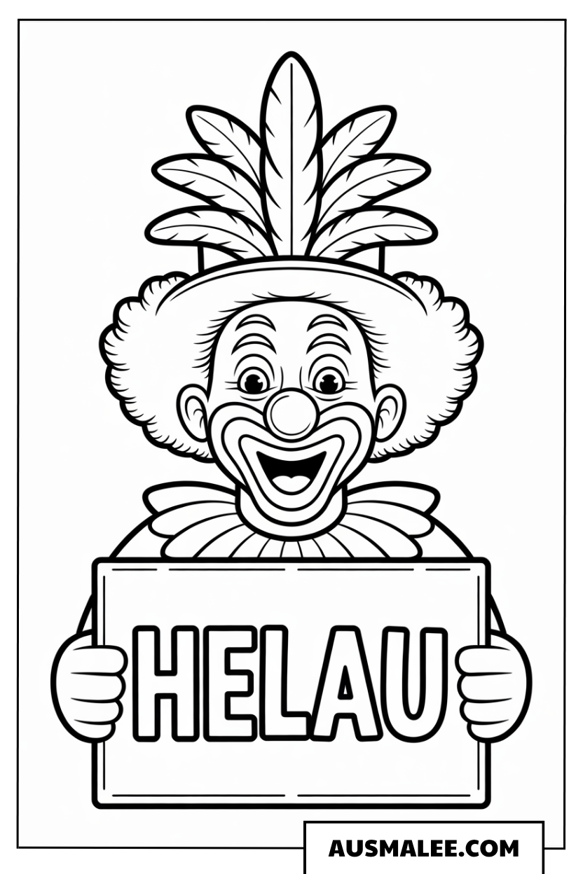 Ausmalbild eines Clowns mit Schild „HELAU“.