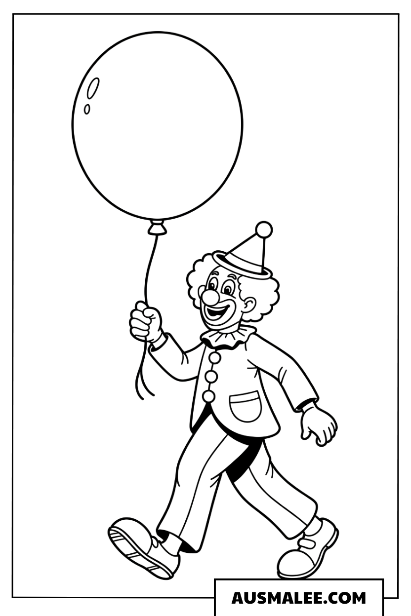 Ausmalbild eines Clowns mit großem Luftballon.