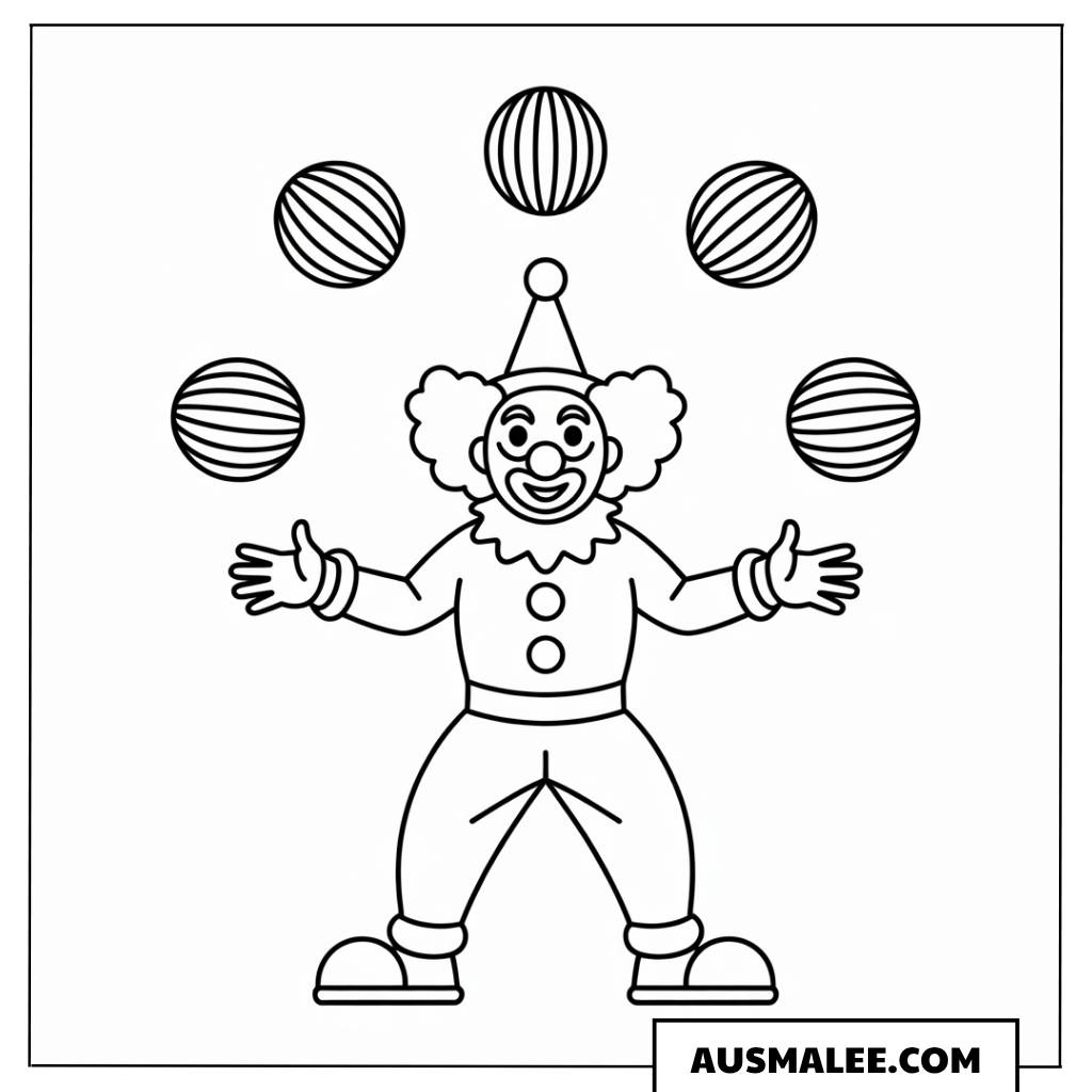 Ausmalbild eines Clowns mit vielen gestreiften Bällen.