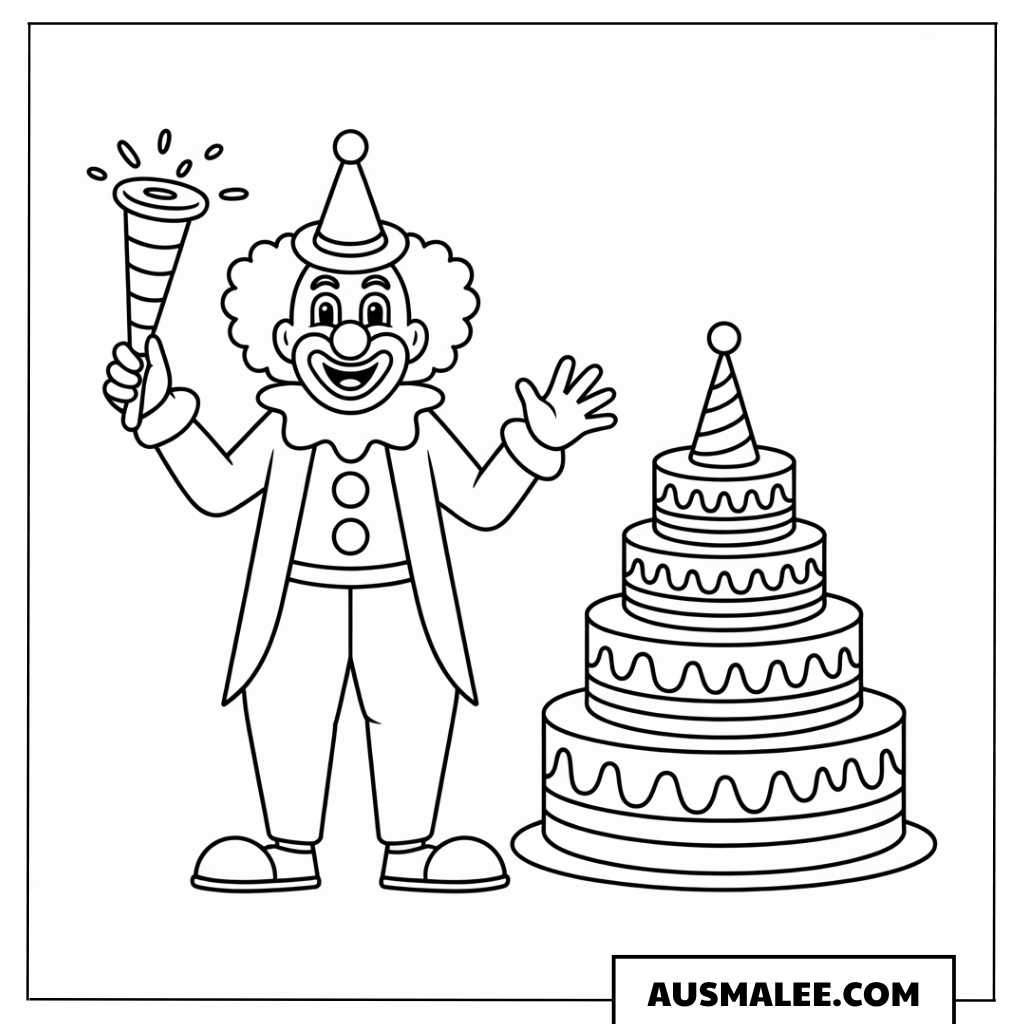 Ausmalbild eines Clowns neben einer großen Geburtstagstorte