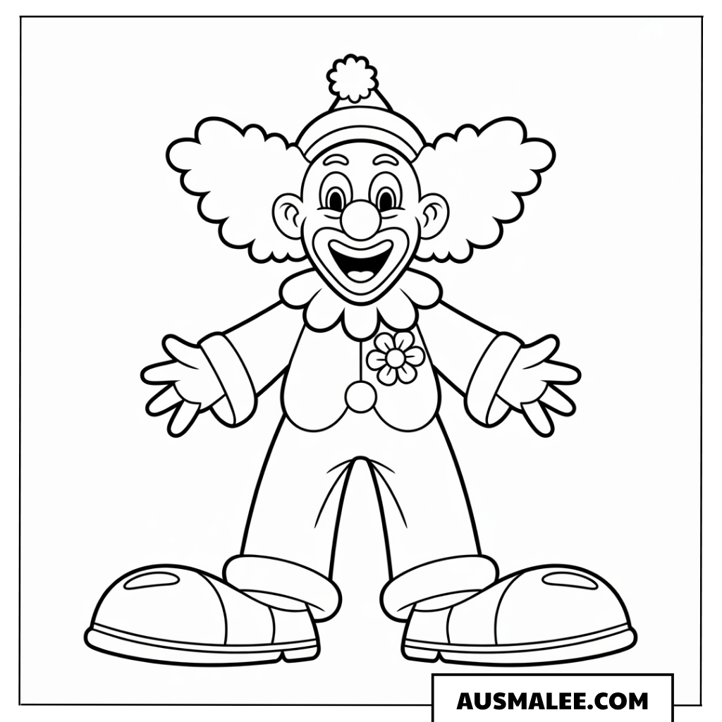 Ausmalbild eines Karneval-Clowns mit weiter Kleidung und großen Schuhen.