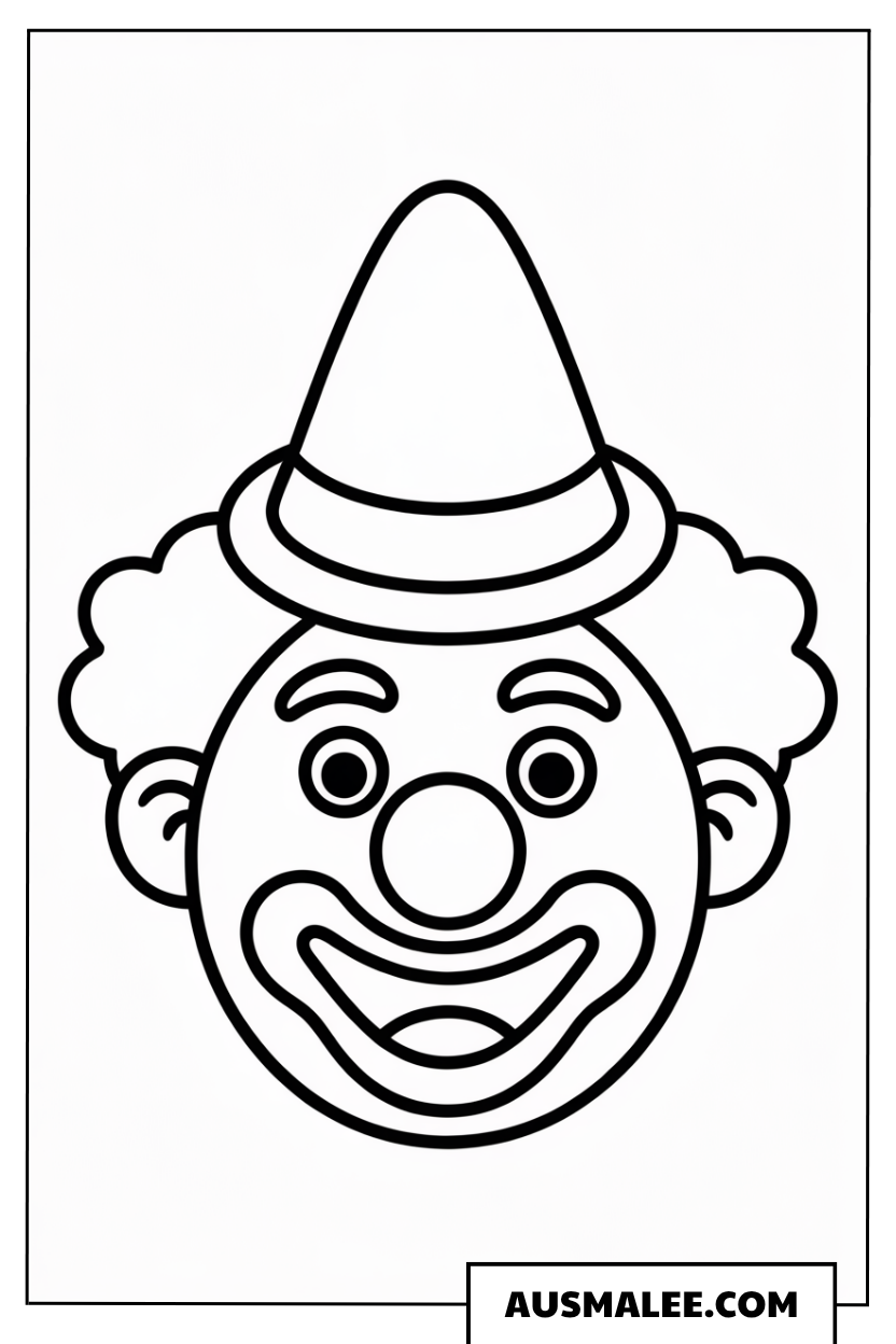 Ausmalbild eines einfachen Clown-Gesichts mit spitzer Mütze.