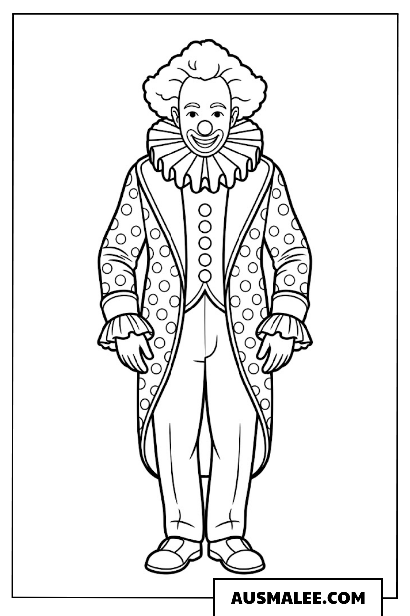 Ausmalbild eines eleganten Clowns im gepunkteten Kostüm.