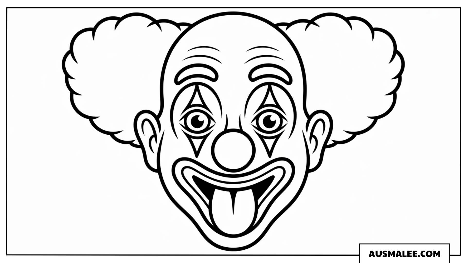 Ausmalbild eines frechen Clown-Gesichts, das die Zunge herausstreckt.