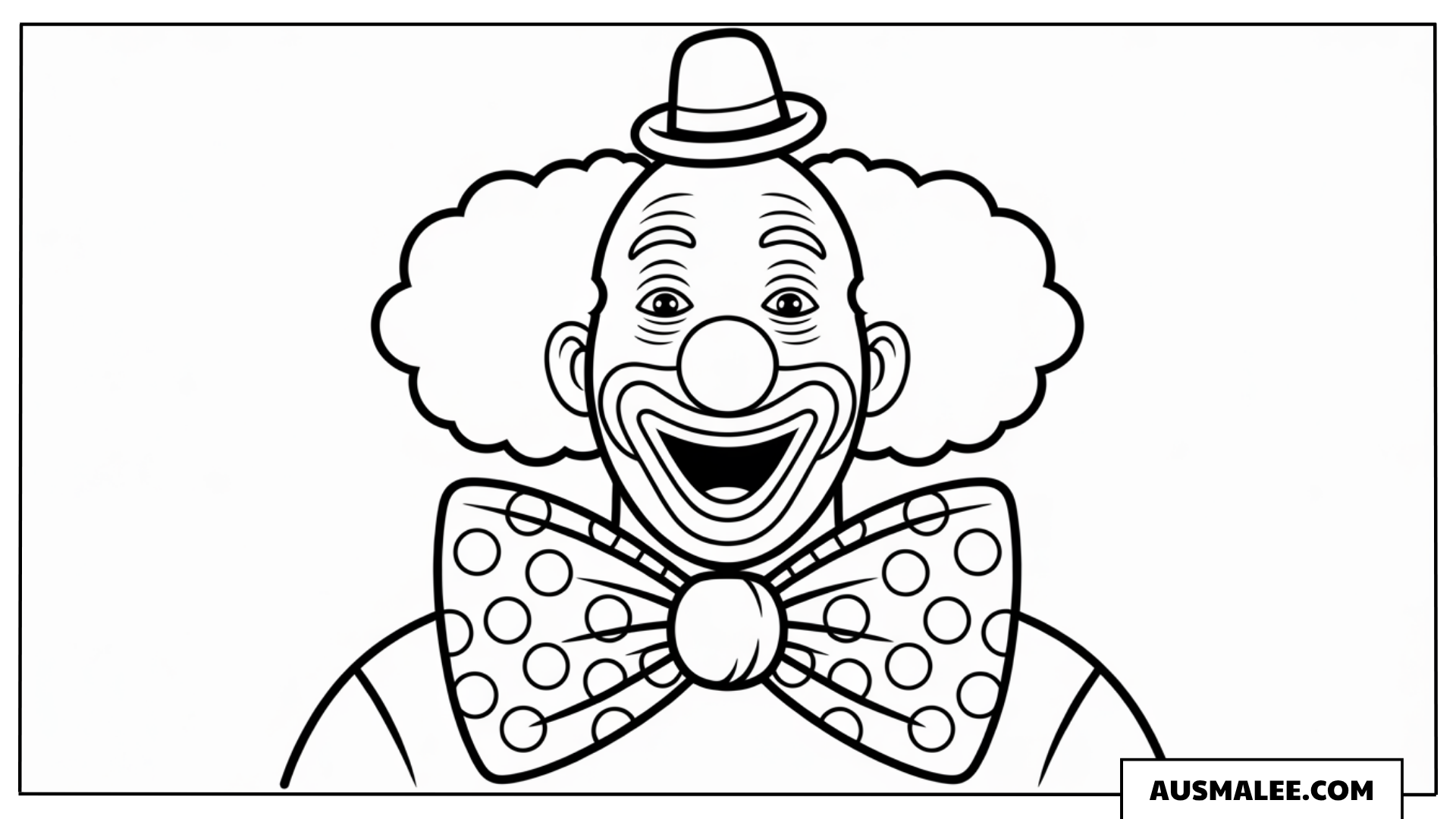 Ausmalbild eines fröhlichen Clown-Porträts mit gepunkteter Schleife.