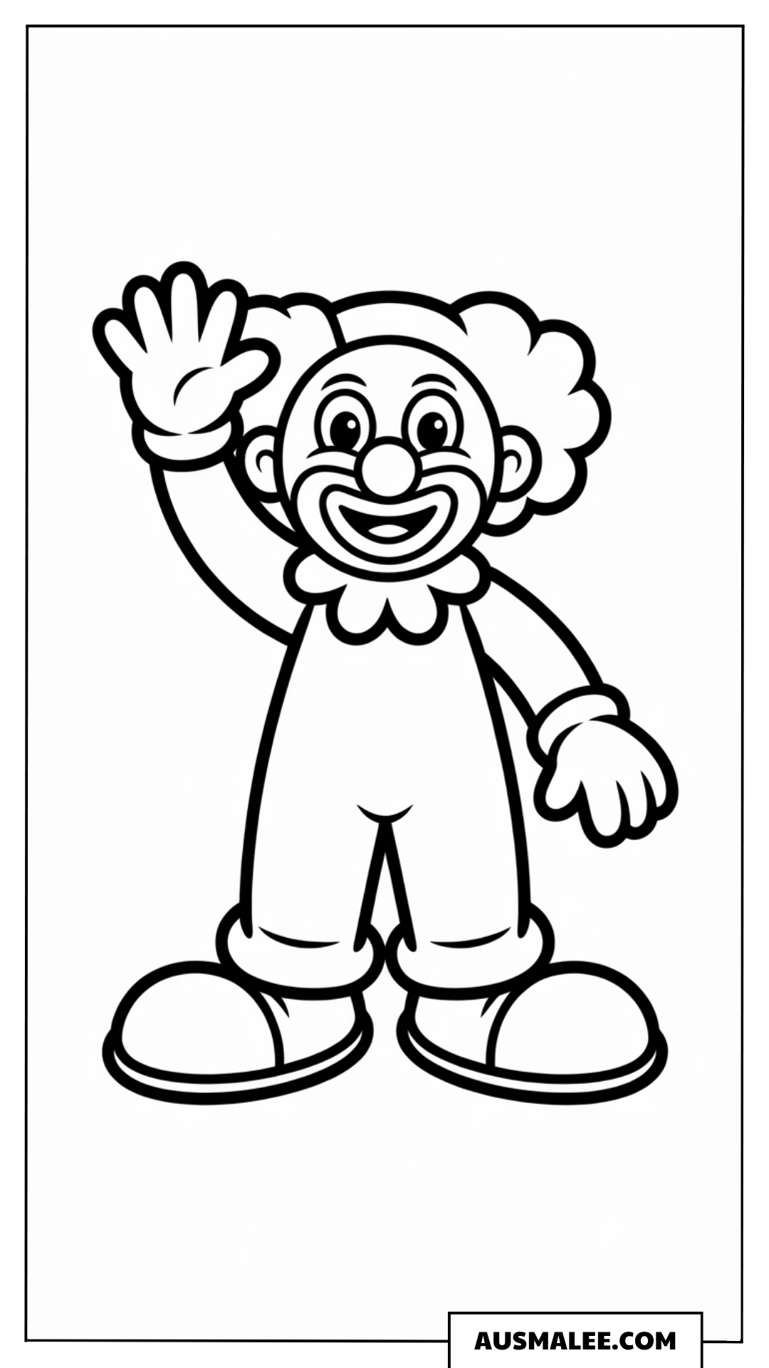 Ausmalbild eines fröhlichen Clowns, der winkt.