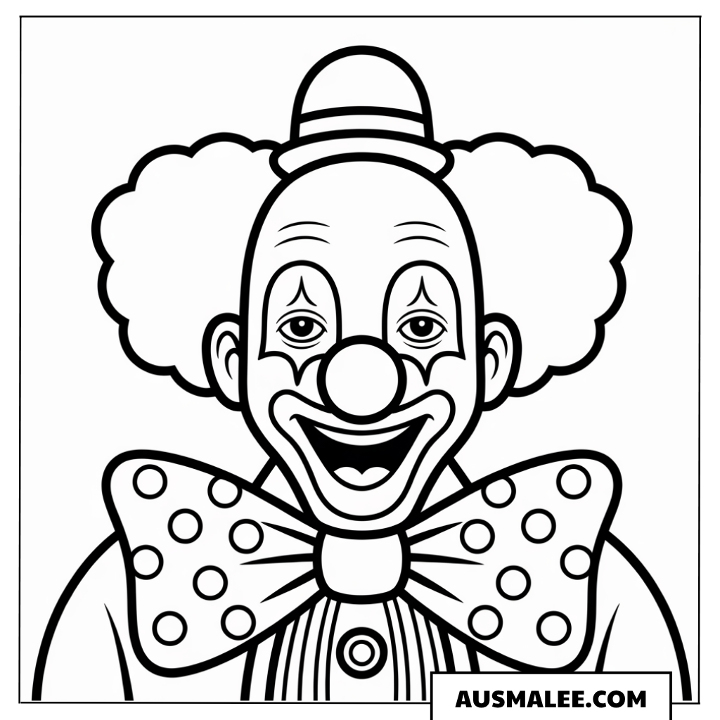 Ausmalbild eines fröhlichen Karneval-Clown-Porträts mit großer gepunkteter Schleife.