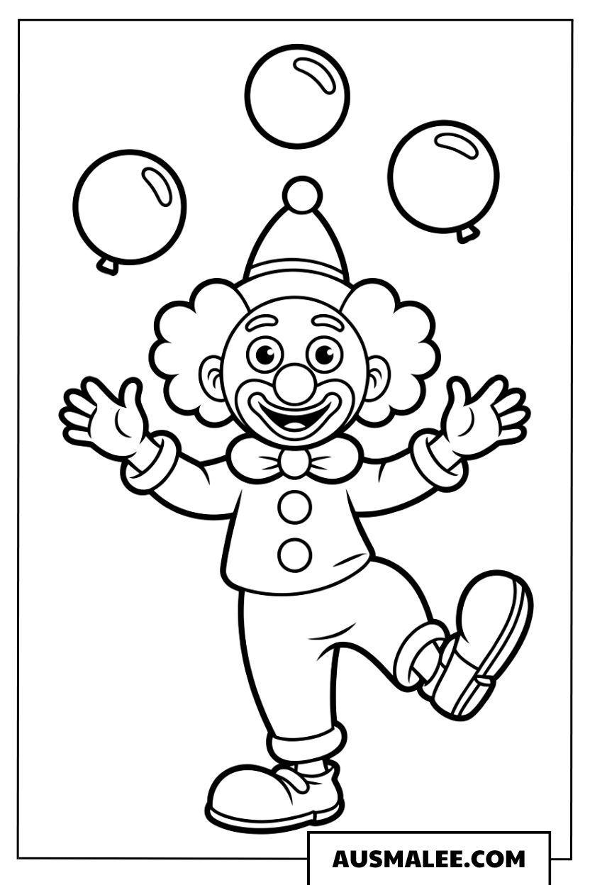 Ausmalbild eines jonglierenden Clowns mit Luftballons.