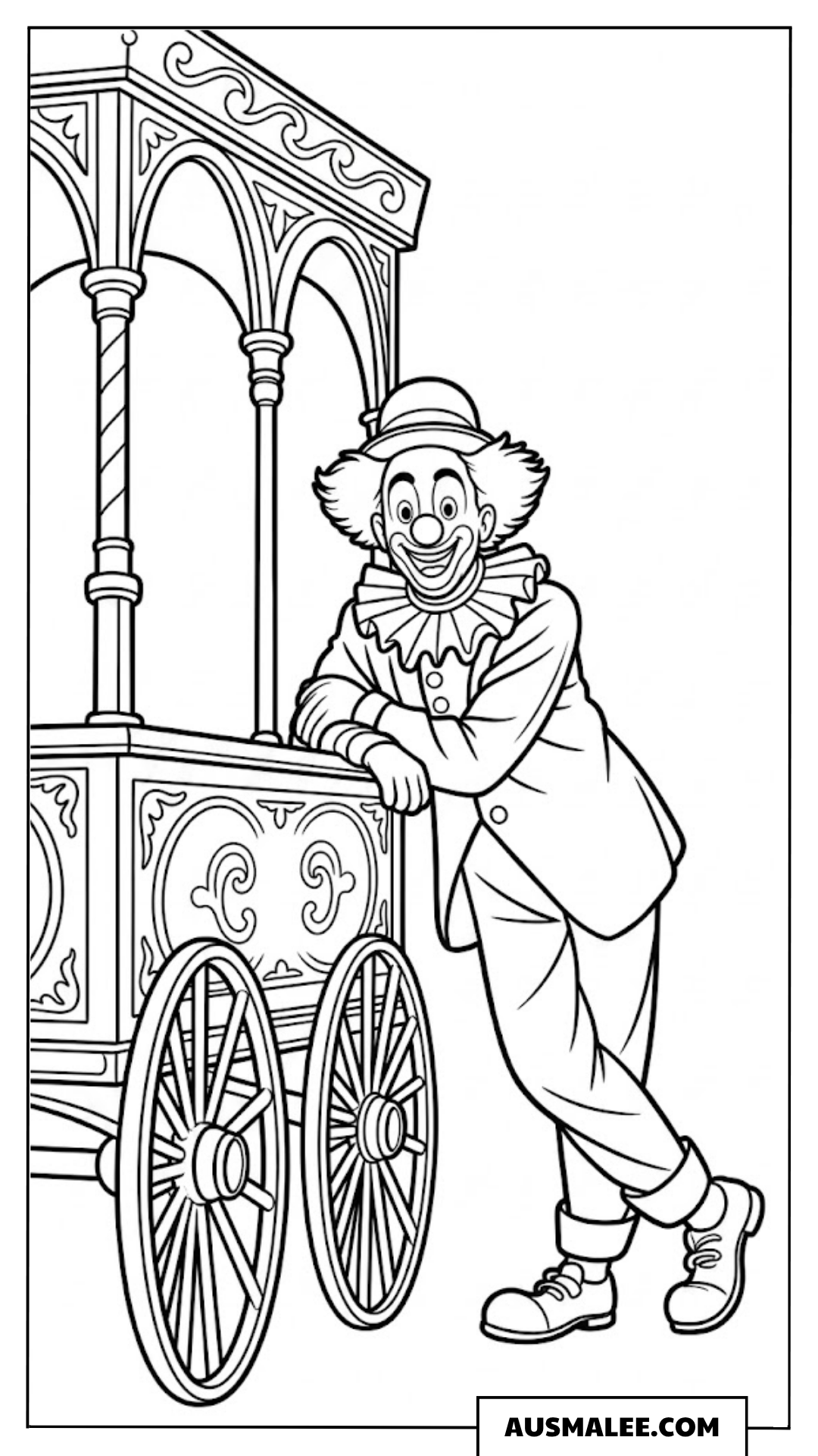Ausmalbild eines klassischen Clowns neben einem Popcornwagen