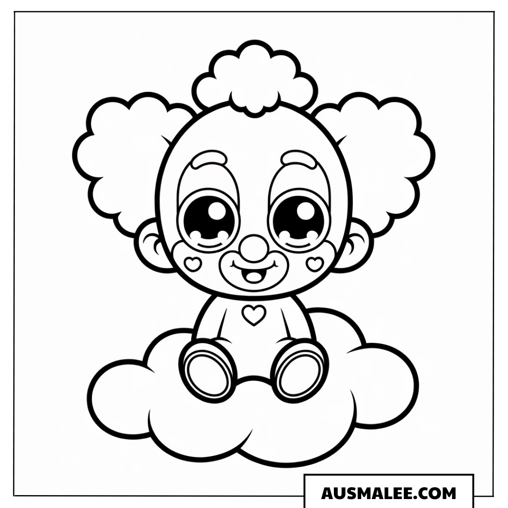 Ausmalbild eines kleinen Clowns auf einer Wolke mit Herzen.