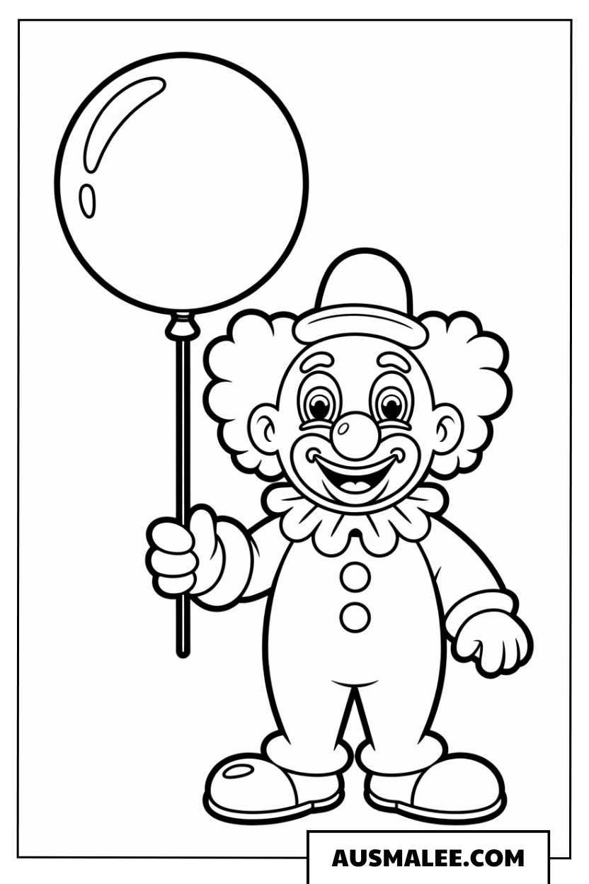 Ausmalbild eines kleinen Clowns mit Luftballon.