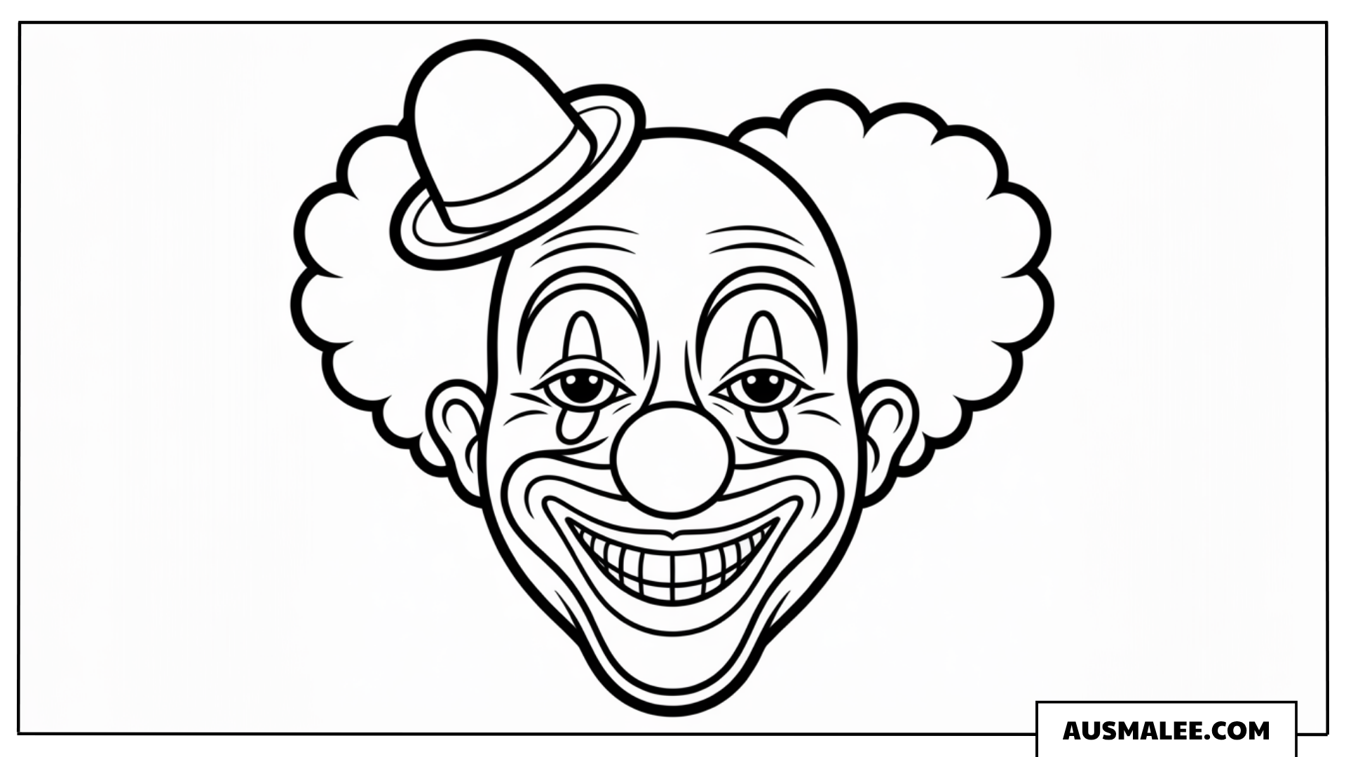 Ausmalbild eines lachenden Clown-Gesichts mit kleinem Hut.
