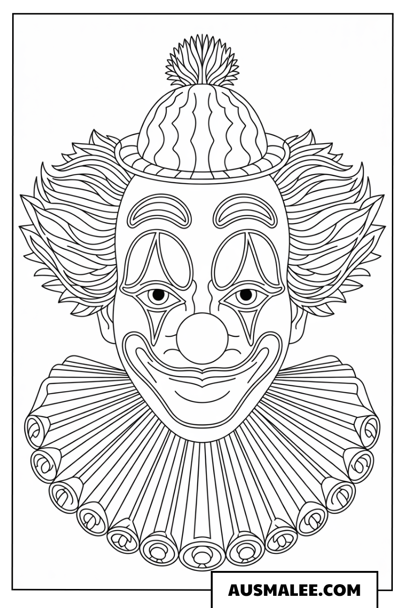 Ausmalbild eines melancholischen klassischen Clown-Gesichts.
